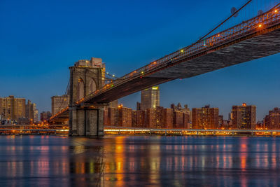 Illuminated brooklyn bridge over east river by city skyline against sky at dusk