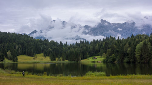 Scenic view of lake with mountains in background