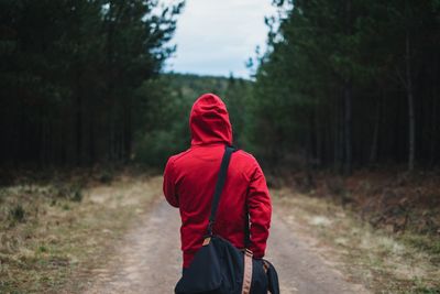 Rear view of person in hooded shirt walking with bag in belanglo state forest