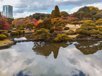 Reflection of trees in lake against sky