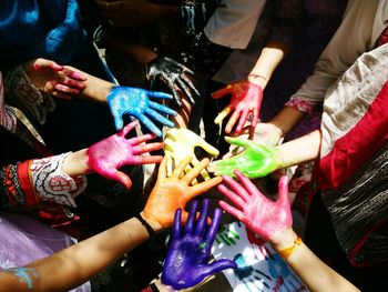 High angle view of colorful palms during holi festival