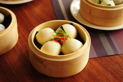 Close-up of eggs in bowl on table