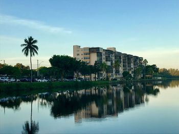 Reflection of trees and buildings in lake