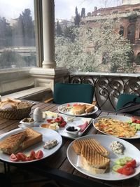 High angle view of breakfast served on table