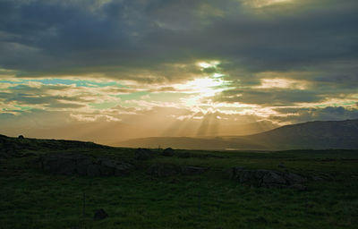 Scenic view of field against sky during sunset