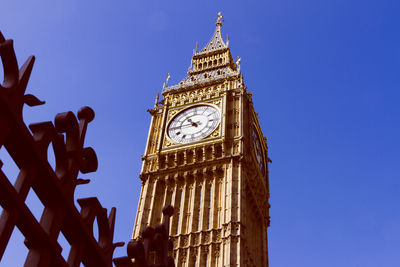 Low angle view of big ben against clear blue sky