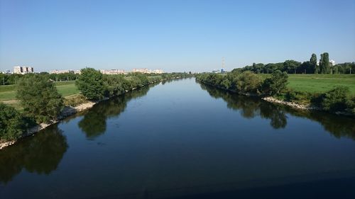 Scenic view of river against clear blue sky