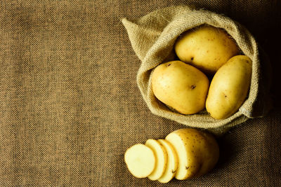 Close-up of potatoes on burlap