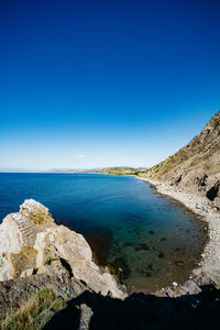 Scenic view of sea against clear blue sky