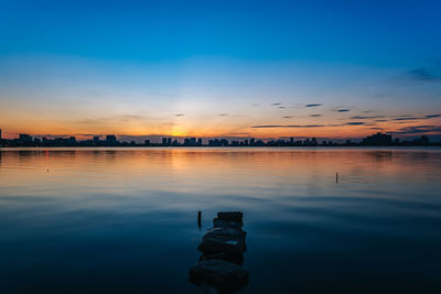 Scenic view of lake against sky at sunset