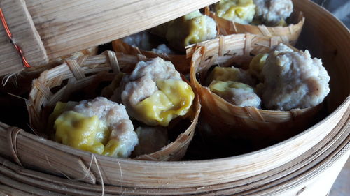 High angle view of dim sum in basket