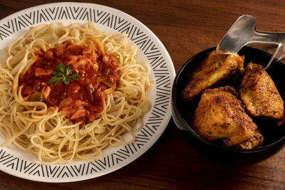 High angle view of food in plate on table