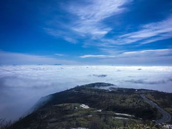 Scenic view of mountains against cloudy sky
