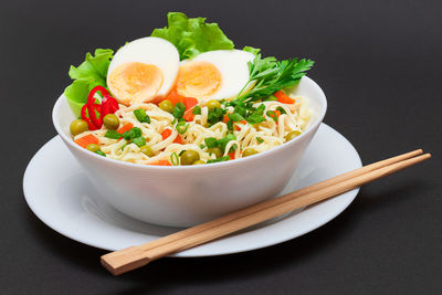 High angle view of food in bowl on table