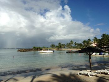 Scenic view of bay against sky