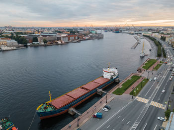 Aerial view of large ship moored in bolshaya neva river. vessel for transportation of any cargoes. 