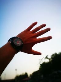 Close-up of hand against clear sky