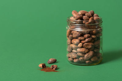 High angle view of meat in jar on table