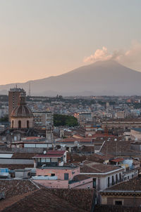 High angle view of townscape against sky at sunset