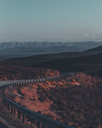 High angle view of winding road against mountain range