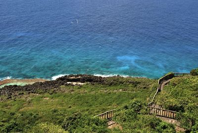 High angle view of beach against blue sky