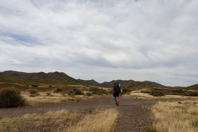 Rear view of man walking on landscape against sky