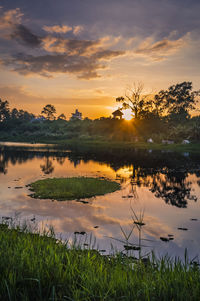 Scenic view of lake against sky during sunset