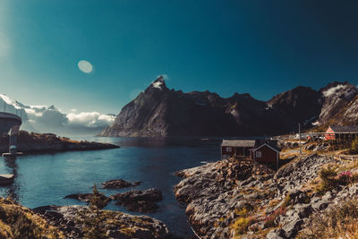 Scenic view of sea against clear blue sky