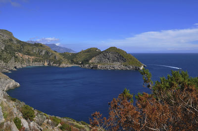 Scenic view of sea against blue sky