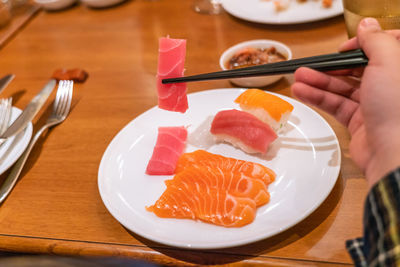 High angle view of food in plate on table