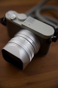 High angle view of camera on table