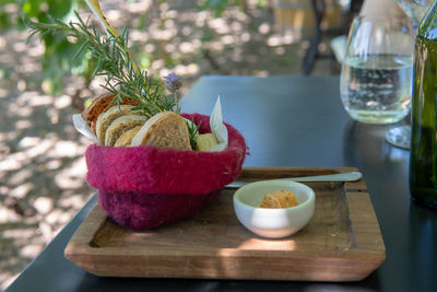 Close-up of breakfast served on table