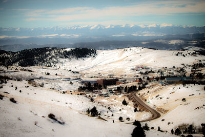 High angle view of snow covered mountains