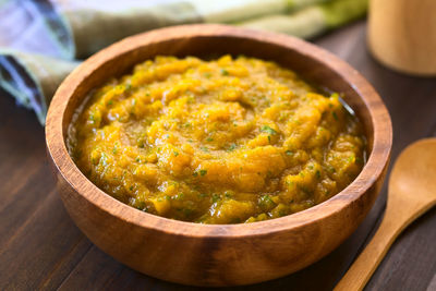 High angle view of soup in bowl on table