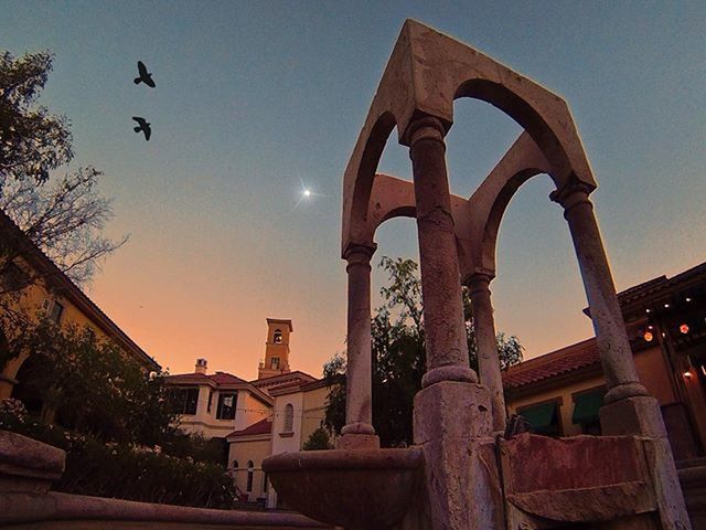 architecture, built structure, building exterior, low angle view, sky, arch, history, street light, illuminated, architectural column, dusk, outdoors, city, clear sky, no people, religion, night, building, tree, old