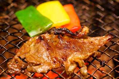 High angle view of food on barbecue grill