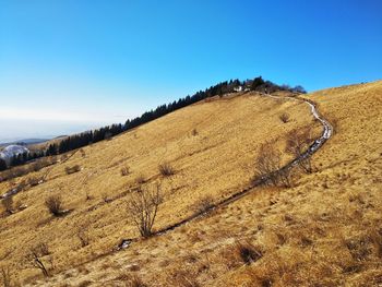 Scenic view of land against clear blue sky