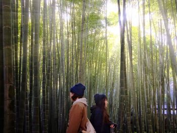 People standing on tree trunk in forest