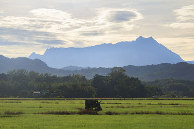 Scenic view of field and mountains against sky