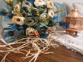 Close-up of christmas decoration on table