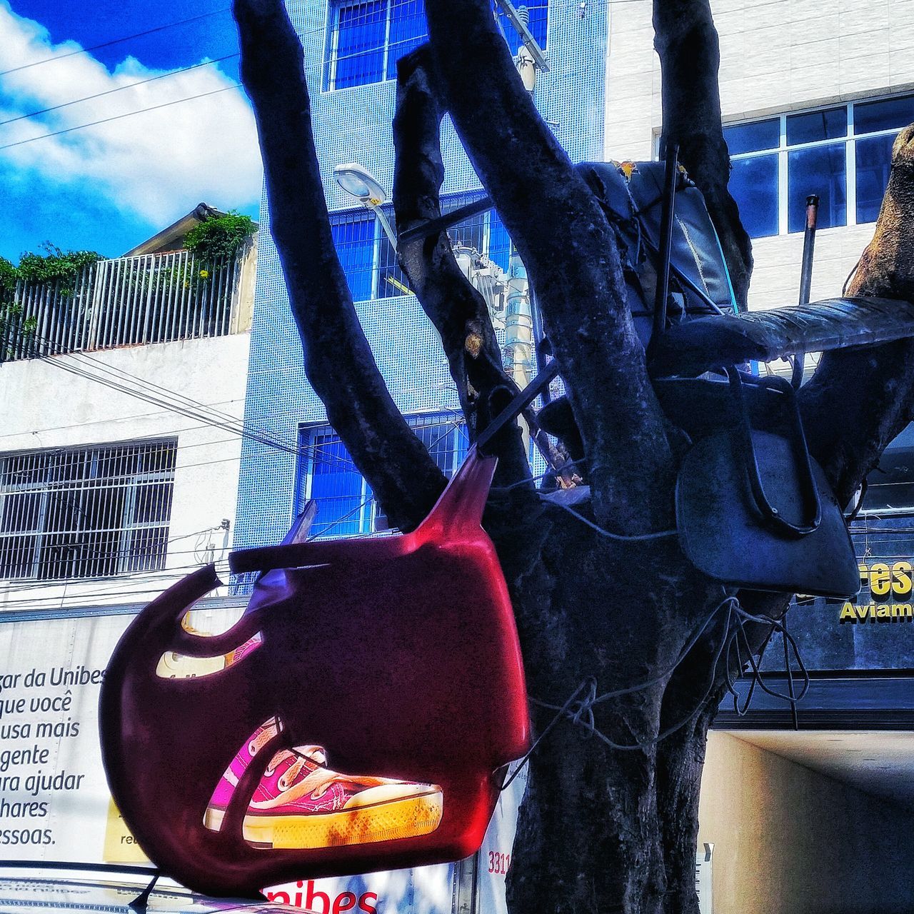 hanging, metal, close-up, chair, day, sunlight, no people, blue, outdoors, potted plant, focus on foreground, absence, plant, rope, metallic, built structure, growth, building exterior, still life, protection