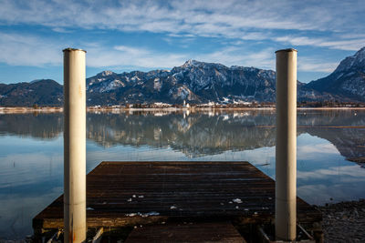 Scenic view of lake by snowcapped mountains against sky