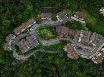 Aerial view of residential building at greenery highland in fraser's hill, pahang, malaysia.