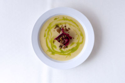 High angle view of soup in bowl on table