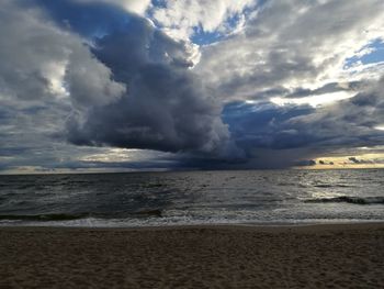 Scenic view of sea against storm clouds