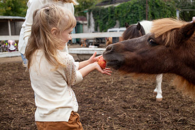 Side view of young woman with horse