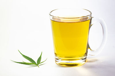 Close-up of beer in glass against white background