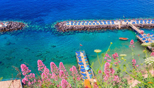 High angle view of boats in sea in sorrento, italy.