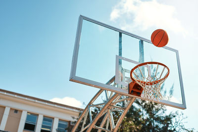 Low angle view of basketball hoop against clear sky