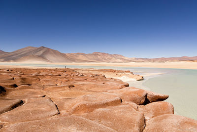 Scenic view of desert against clear blue sky